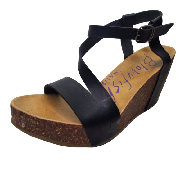 BLOWFISH Hazard Strappy Platform Sandals Black Cork Sz 6.5 Leather - Picture 3 of 11